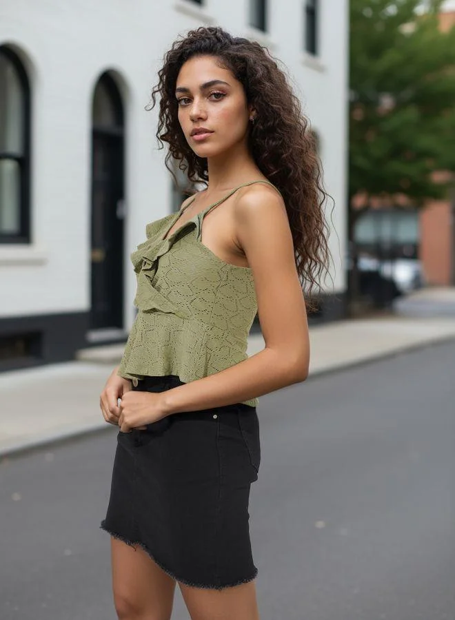 Freehand  Women Regular Fit Self Design Spaghetti Strap Neck Sleeveless Peplum Top for Women | Best Price UAE